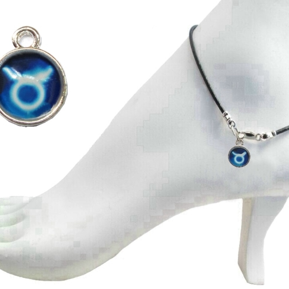 Black Leather Anklet ~  Aries Zodiac Charm